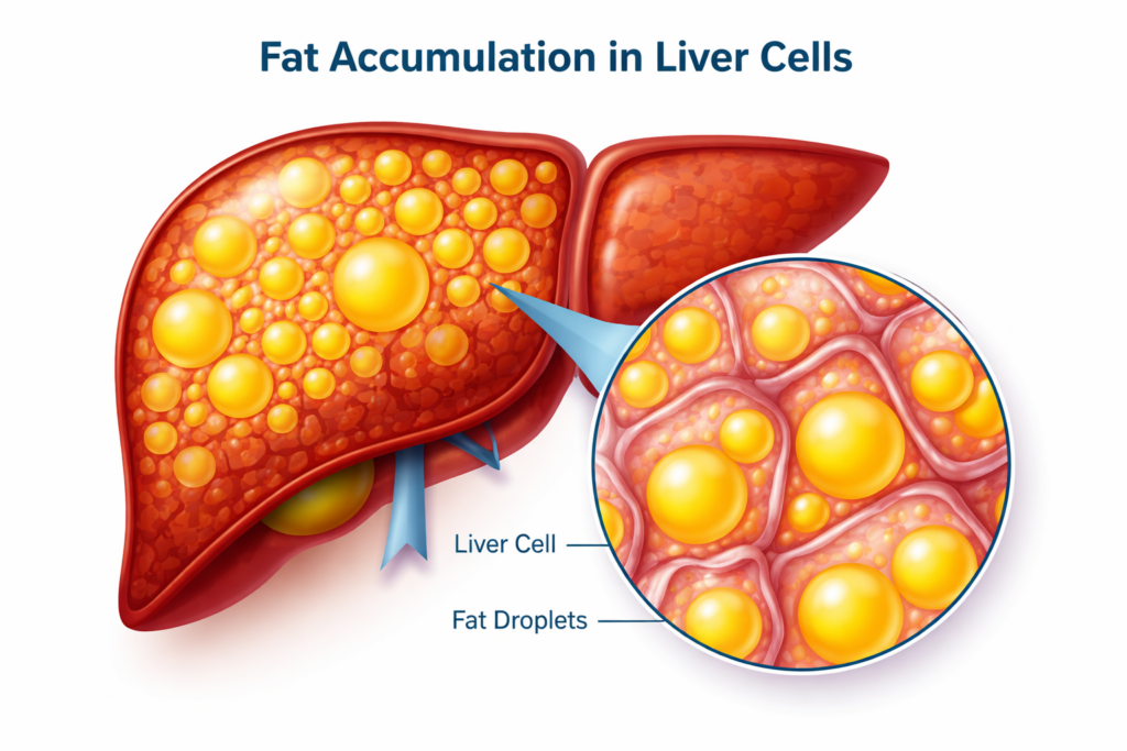 Fat accumulation in liver cells illustration resmetirom