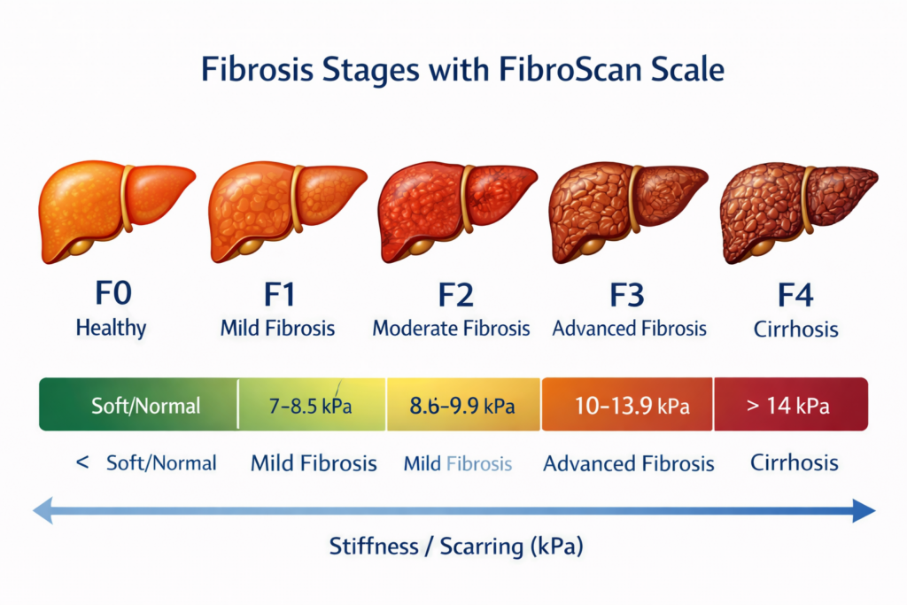 Infographic showing fibrosis stages F0–F4 with FibroScan scale Understand who qualifies for resmetirom, MASH treatment eligibility, and fatty liver medication criteria