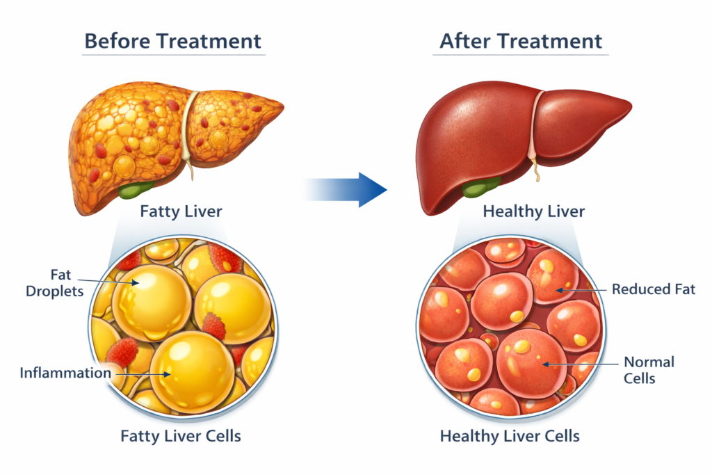 Medical illustration of fatty liver cells before and after treatment, clean white background, professional healthcare style Resmetirom, thyroid hormone receptor beta in the liver